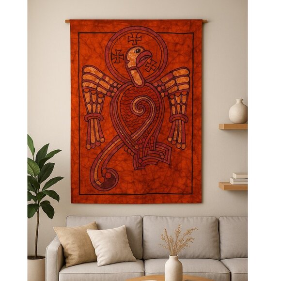 Hand-Dyed Wool Wall Hanging Phoenix Or Sacred Eagle With Crosses Batik Art - Picture 1 of 4